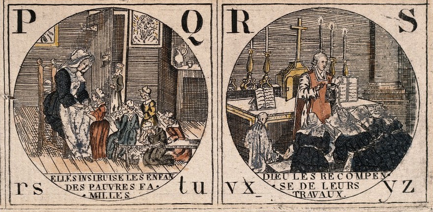 Nursing and charitable acts of the "Soeurs de la Charité" or Sisters of Love; with the alphabet: L-S, ijk-yz. Coloured line engraving.