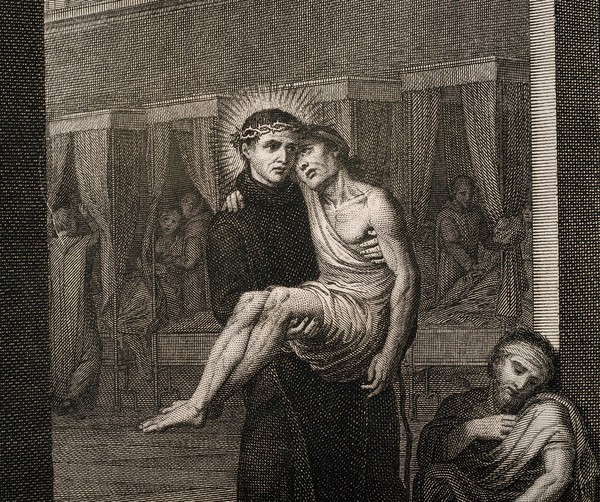 St. John of God carrying a sick patient from a hospital ward. Line engraving by G. Petrini.
