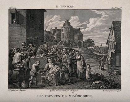 A rich man and his servant hand out food and alms to the poor and hungry. Etching by A. Chataignier and C. Niquet after V.M. Langlois after D. Teniers the younger.