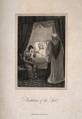 A young woman being visited by a member of the clergy while another woman cries beside her. Line engraving, 1813.