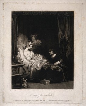 A sick girl in bed being counselled by a nun while another woman looks anxious. Mezzotint by S.W. Reynolds, 1829, after R.P. Bonington.