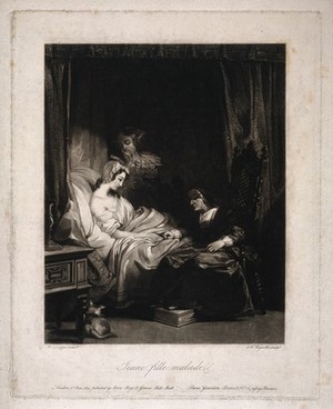 view A sick girl in bed being counselled by a nun while another woman looks anxious. Mezzotint by S.W. Reynolds, 1829, after R.P. Bonington.