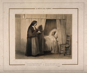 view A nun brings some refreshment to a feverish patient, with a poem by Legouvé. Coloured lithograph by J.P. Moynet, 1846.