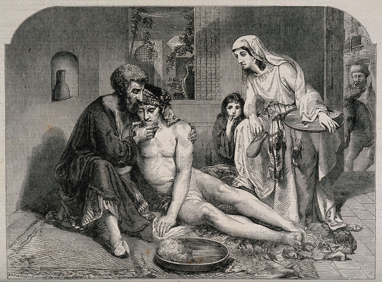 The good Samaritan takes care of an injured man in an inn. Wood engraving after P.R. Morris, 1858., 1858, by Philip Richard Morris