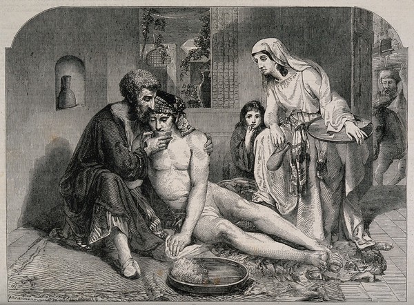 The good Samaritan takes care of an injured man in an inn. Wood engraving after P.R. Morris, 1858.