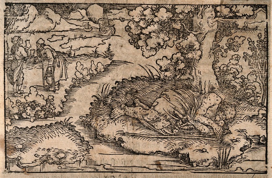 Job lies on a pile of dung dressed in a loincloth and covered in boils, his wife goes to fetch a bucket of water. Woodcut.