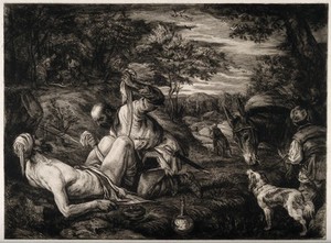 view The good Samaritan seeing to a man's wounds while a priest and Levite walk into the distance. Etching by W. Unger after F.G. Bassano the younger.