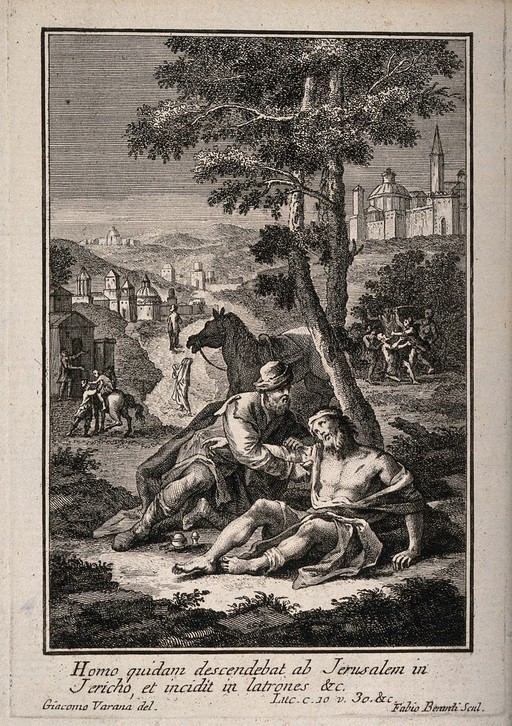 The good samaritan helping a wounded man: two background scenes of robbing and assault while two figures walk by, set against Jerusalem. Line engraving by F. Berardi after G. Varana.