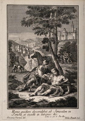 The good Samaritan helping a wounded man: two background scenes of robbing and assault while two figures walk by, set against Jerusalem. Line engraving by F. Berardi after G. Varana.