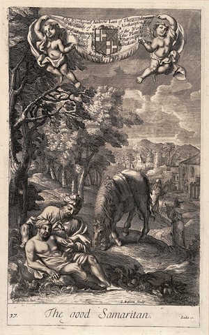 view The good Samaritan tending to a wounded man while a priest and Levite walk away. Line engraving by L. Masson after G. Freman.