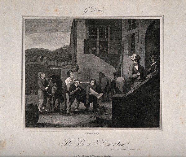 The good Samaritan bringing the half-dead traveller to the inn and providing money for his recovery. Line engraving by J. Taylor after a painting attributed to G. Dou.