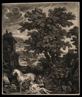 The good Samaritan tending the wounds of a half-dead traveller. Mezzotint by R. Robinson.