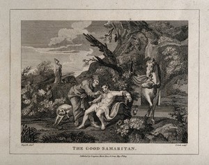 view The good Samaritan tending to a wounded man while a priest and a Levite walk on by. Line engraving by T. Cook, 1809, after W. Hogarth.