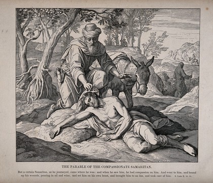 The good Samaritan stops to help a wounded man who has been previously ignored by a priest and Levite. Wood engraving by C.A. Zscheckel after J. Schnorr von Carolsfeld.