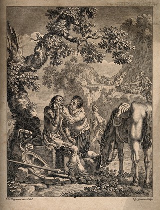 Sancho Panza examining Don Quixote's mouth. Line engraving by C. Grignion after F. Hayman, 1755.