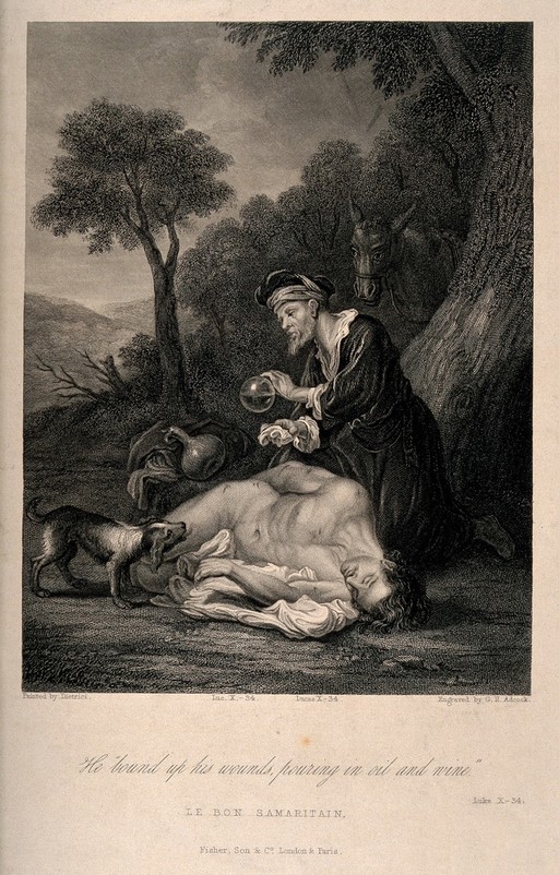 The good samaritan tending to the wounds of a half-dead man. Line engraving by G.H. Adcock after Dietrici.