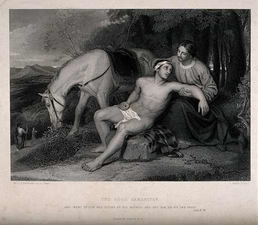The good samaritan helping a stranger who has been ignored by a priest and Levite. Line engraving by S. Smith after C.L. Eastlake.