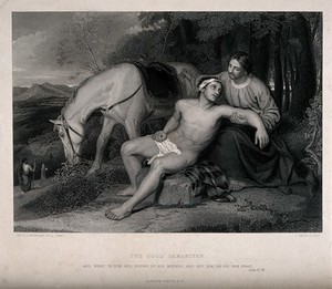 view The good Samaritan helping a stranger who has been ignored by a priest and Levite. Line engraving by S. Smith after C.L. Eastlake.