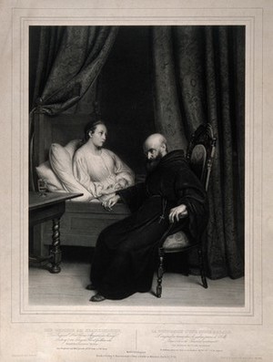 view A girl making her confession to a monk from her sick bed. Lithograph by J. Woelfjle, after C. van Beveran.