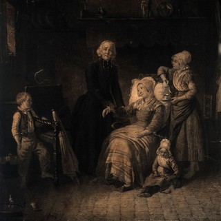 A sick mother has her pulse taken by a priest while her children look concerned. Mezzotint.