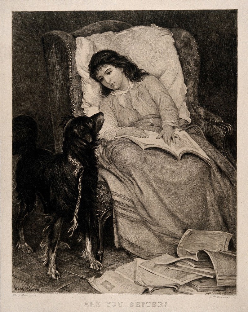 A girl convalescing in an armchair is visited by her dog. Etching by H. Formstecher after H. Bacon., by Henry Bacon