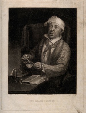 view A sick man stirring his bitter medicine. Mezzotint by H. Dawe, 1824, after M.W. Sharp.