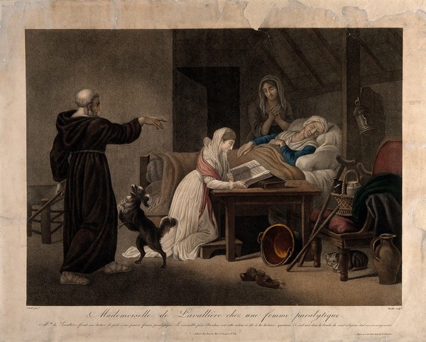 Mademoiselle de La Vallière reading from the Bible to a sick paralysed woman, another prays while a dog welcomes the encouraging Saint Anselm. Coloured stipple engraving by L.C. Ruotte, 17--, after J.F. Schall.