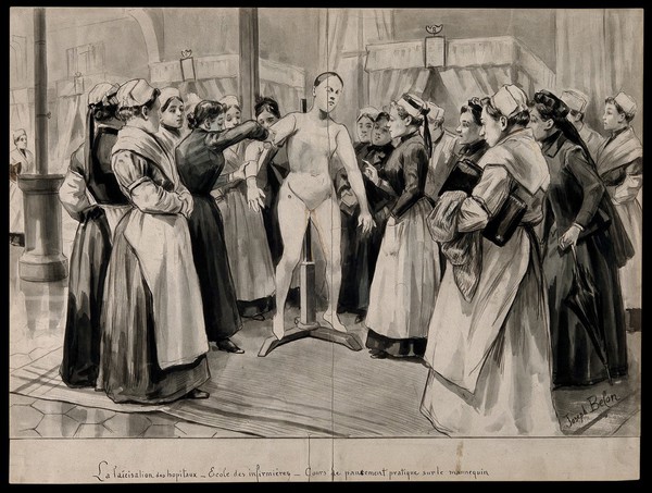 Nurses being lectured on bandaging using a mannequin on a hospital ward. Drawing by J. Belon.