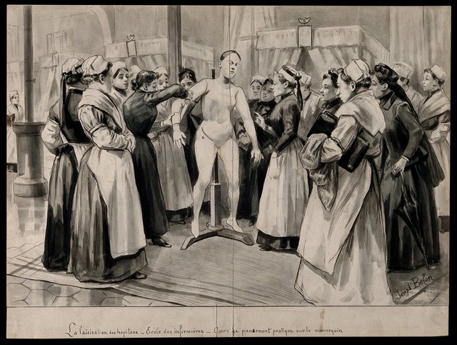Nurses being lectured on bandaging using a mannequin on a hospital ward. Drawing by J. Belon.
