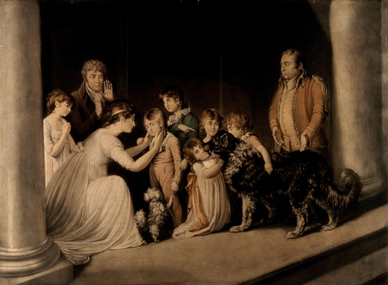 A rescued child is reunited with his family by a Newfoundland dog. Coloured mezzotint by R. Earlom, 1803, after J. Eckstein., 24 June 1803, by John Eckstein