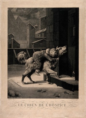 view A St. Bernard dog brings an avalanche victim to a hospice in the Alps. Stipple engraving by Dibart Castel, 1820, after P.A.A. Vafflard.