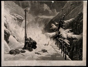 view A family caught in an avalanche along the Mount St. Bernard Pass; a woman frantically rings the bell thus breaking the cord. Aquatint by J.P.M. Jazet after H. Lecomte.