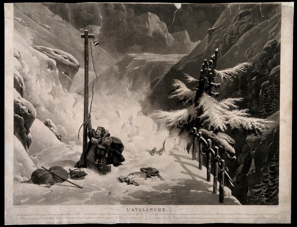 A family caught in an avalanche along the Mount St. Bernard Pass; a woman frantically rings the bell thus breaking the cord. Aquatint by J.P.M. Jazet after H. Lecomte.