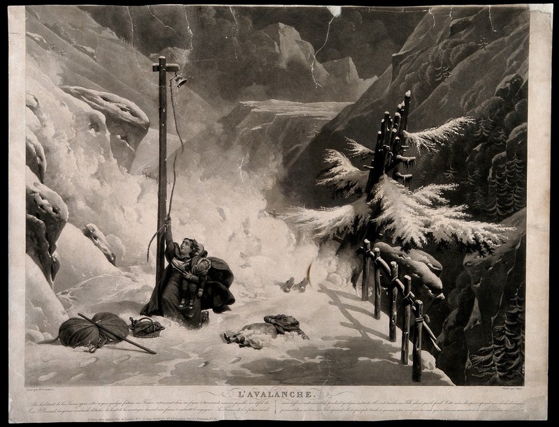 A family caught in an avalanche along the Mount St. Bernard Pass; a woman frantically rings the bell thus breaking the cord. Aquatint by J.P.M. Jazet after H. Lecomte., [1830], by Hippolyte Lecomte