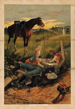 view A wounded soldier is found by a rescue dog who alerts the nurse and ambulancemen of their whereabouts. Coloured chromolithograph by E.A. Holloway, 1904.