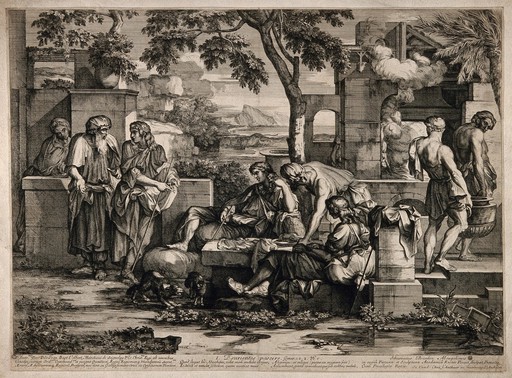 One of the seven Acts of Mercy: Feed the poor. Line engraving by S. Bourdon after himself.