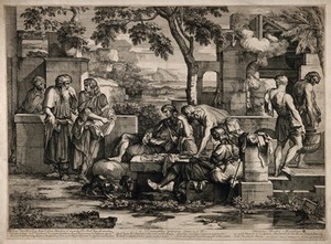 view One of the seven Acts of Mercy: Feed the hungry. Line engraving by S. Bourdon after himself.