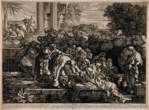 view One of the seven Acts of Mercy: Give drink to the thirsty. Line engraving by S. Bourdon after himself.