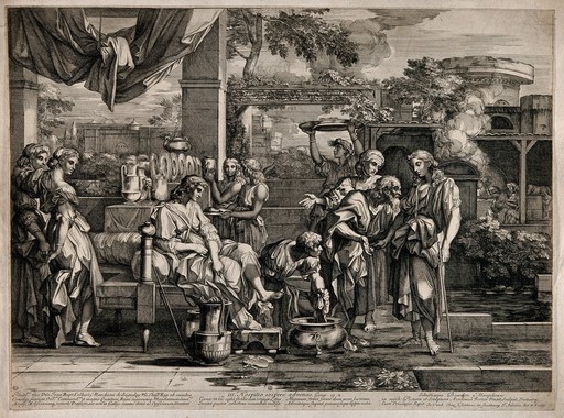 One of the seven Acts of Mercy: Extend Hospitality to those who arrive. Line engraving by S. Bourdon after himself.