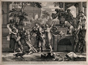 view One of the seven Acts of Mercy: Dress the naked. Line engraving by S. Bourdon after himself.