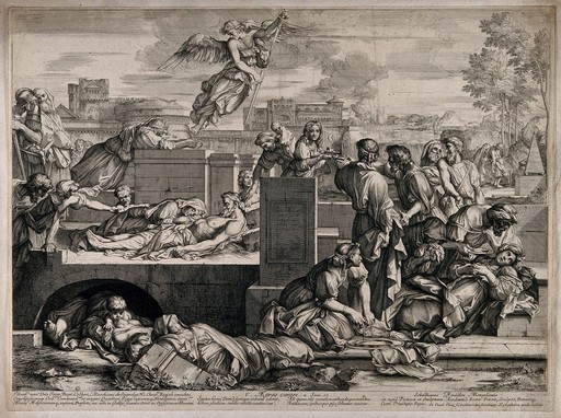 One of the seven Acts of Mercy: Heal the sick. Line engraving by S. Bourdon after himself.