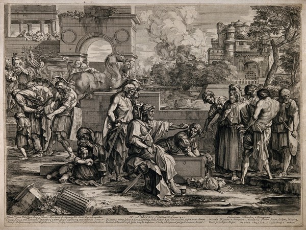 One of the seven Acts of Mercy: Free the captives. Line engraving by S. Bourdon after himself.