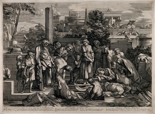 One of the seven Acts of Mercy: Bury the dead. Line engraving by S. Bourdon after himself.