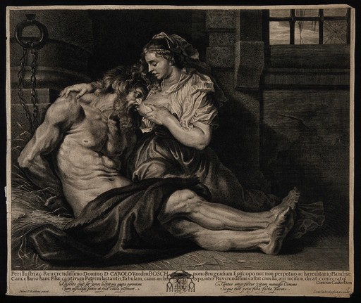 Pero breast-feeding her imprisoned father Cimon: with coat of arms. Line engraving by C. van Caukercken after P.P. Rubens.