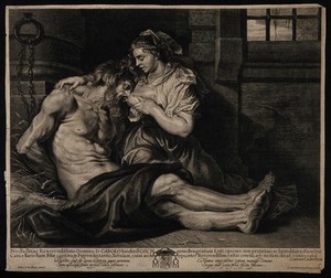 view Pero breast-feeding her imprisoned father Cimon. Line engraving by C. van Caukercken after P.P. Rubens.