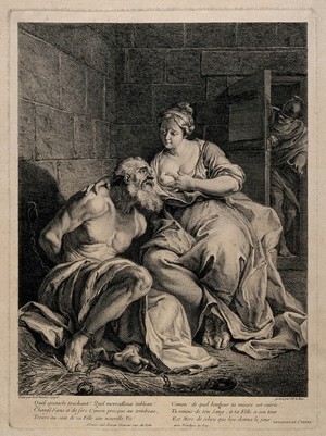 view Pero breast-feeding her father Cimon in prison. Line engraving by J.P. le Bas after N.N. Coypel.