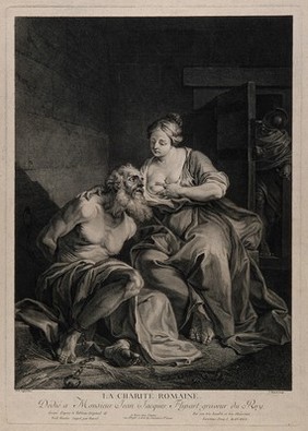 A weeping Pero, breast-feeding Cimon, her starving imprisoned father. Line engraving by J. Danzel after N.N. Coypel.