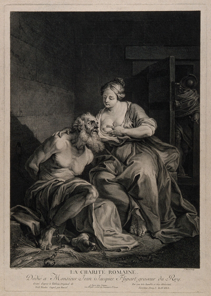 A weeping Pero, breast-feeding Cimon, her starving imprisoned father. Line engraving by J. Danzel after N.N. Coypel., [1765], by Nöel-Nicolas Coypel