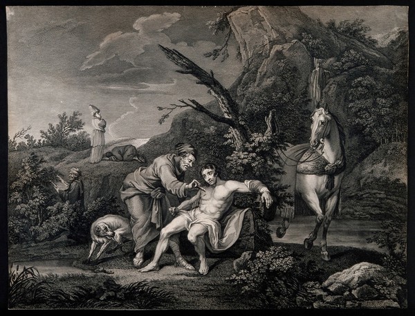 The good Samaritan helping a wounded man while a priest and Levite walk on. Line engraving by T. Cook after W. Hogarth.