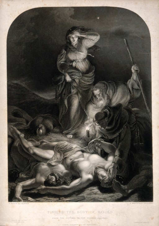 The discovery of Harold's body. Line engraving by E. Whitfield after W. Hilton.